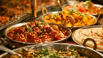 A variety of Indian food is displayed on a buffet table