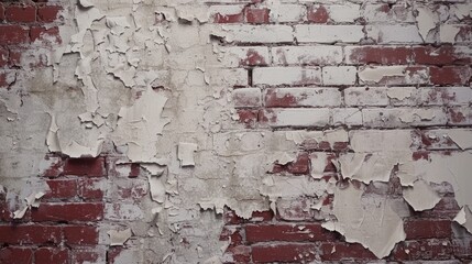 A weathered brick wall with peeling paint, suitable for urban backgrounds