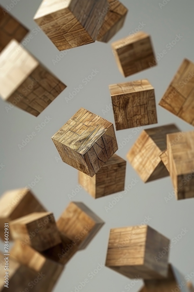Poster wooden cubes floating in the air, suitable for creative design projects