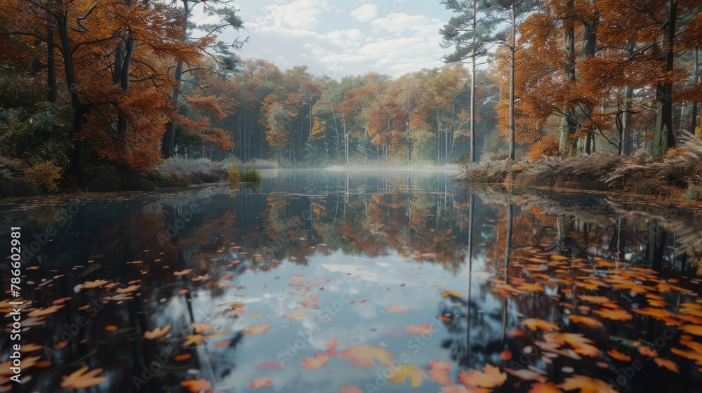 Poster Tranquil scene of a lake with leaves floating surrounded by trees. Suitable for nature and relaxation concepts