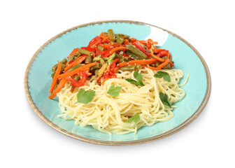 Vegetarian meal. Tasty pasta with vegetables isolated on white