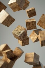Wooden cubes floating in the air, suitable for creative design projects