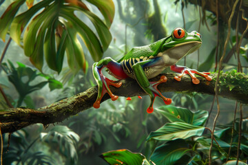 A green frog is perched on a branch in a lush jungle - obrazy, fototapety, plakaty