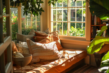 A cozy living room with a couch and a potted plant - obrazy, fototapety, plakaty