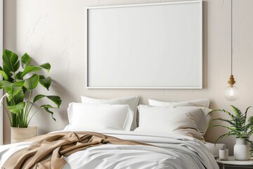 poster mockup, white frame. In a modern bedroom interior in light colors	