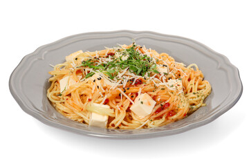 Vegetarian meal. Tasty pasta with fresh microgreens and cheese isolated on white