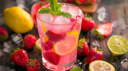 Pink lemonade with lemon lime and strawberries