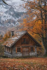 A peaceful cabin nestled in the woods with a majestic mountain in the background. Ideal for nature and outdoor enthusiasts