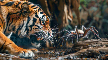 A tiger is fighting a spider - obrazy, fototapety, plakaty