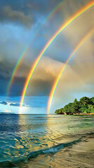 A beautiful rainbow is seen over the ocean