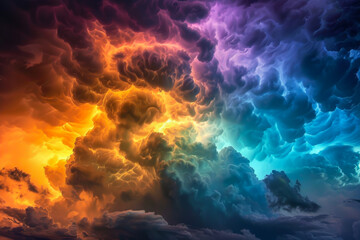 A colorful cloud formation with a rainbow in the sky - obrazy, fototapety, plakaty