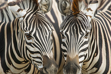 Two zebras are standing next to each other, their eyes looking at the camera - obrazy, fototapety, plakaty