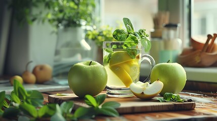 Preparation of lemon mint tea on the kitchen in the morning there is plate of apple