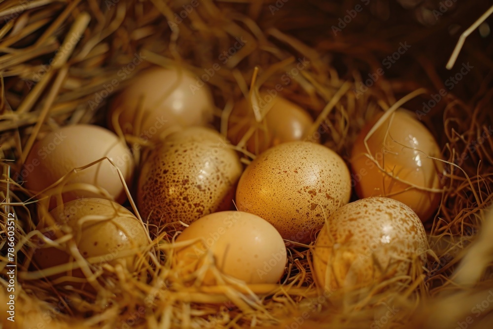 Poster close up of eggs in a nest of hay. suitable for farm and agriculture concepts