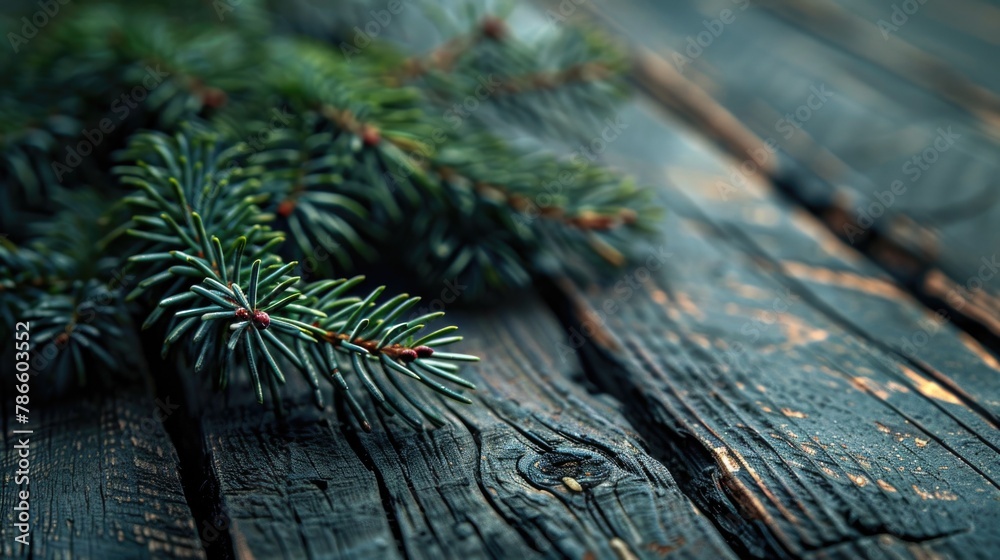 Poster close up of a pine tree on a wooden table, suitable for nature and rustic themed designs