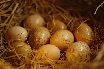 Close up of eggs in a nest of hay. Suitable for farm and agriculture concepts