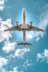 A large jetliner soaring through the clear blue sky. Suitable for travel and aviation themes