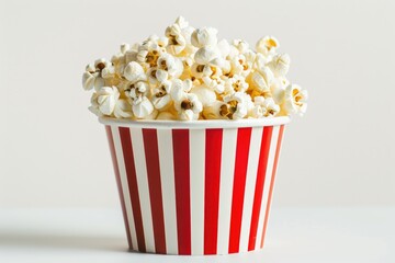 A red and white striped cup filled with popcorn. Perfect for movie nights or snack concepts - obrazy, fototapety, plakaty