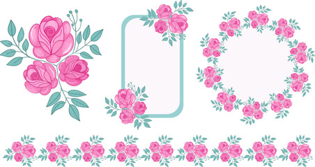 Pink roses frame , border set, isolated on the white background for Princess coquette floral decoration. Vector illustration