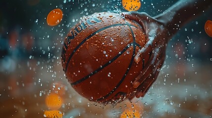 Freeze-frame the moment a basketball player's hand makes contact with the ball, mid-dribble.