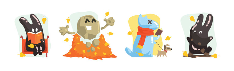 Funny Monster Character at Autumn Season Vector Set