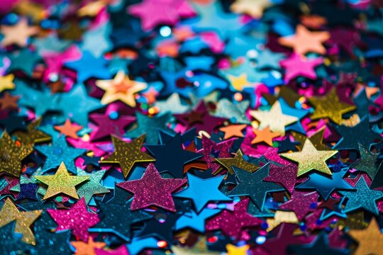 Colorful star confetti background, colorful paper stars in various sizes scattered across the screen Generative AI