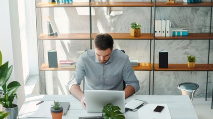 Fototapeta premium Man working on laptop over desk