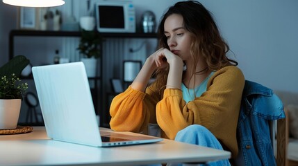 Woman sitting at the table looking at the laptop, remote work concept