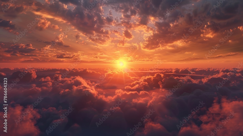 Poster a beautiful sunset over a cloudy sky, perfect for various design projects