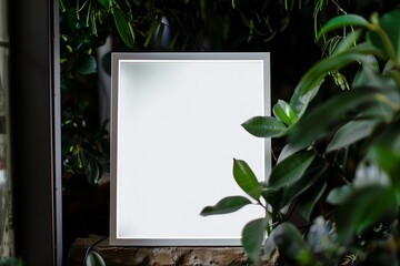 A closeup of a white poster frame mockup standing in a beautiful dark theme home, picture taken from a low perspective, and bokeh background