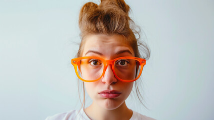 Mulher usando óculos com armação laranja no fundo branco - obrazy, fototapety, plakaty