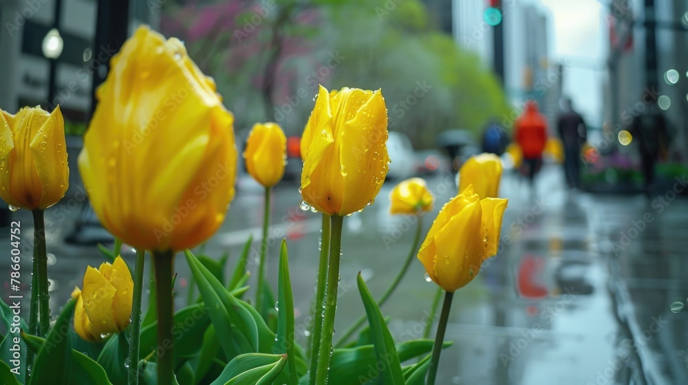Poster vibrant yellow tulips getting wet in the rain. suitable for spring and nature themes