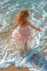 A young girl in a pink dress walking into the ocean. Suitable for beach and summer concepts