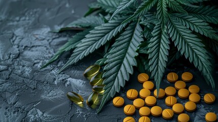 Marijuana leaves, medical pills and CBD oil capsules on dark background, alternative medicine concept, flat lay, minimal style, banner, copy space