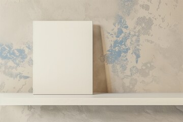 Blank white paper poster on white shelf against gray concrete wall with marble pattern, template...