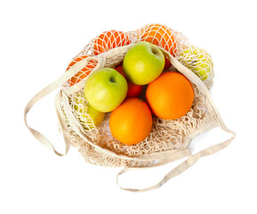 String bag with fresh apples and oranges isolated on white, top view