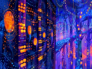 Fototapeten Detailed shot of glowing server racks in a dark data center, illustrating the physical backbone of cloud computing and data storage capabilities © NatthyDesign