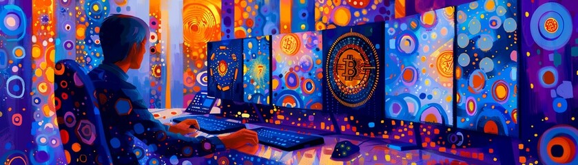 Detailed view of a cryptocurrency traders hands analyzing realtime market charts on multiple monitors, highlighting the intensity of crypto trading - obrazy, fototapety, plakaty