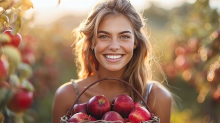   A woman, beaming, cradles a full basket of apples against her hip in a sun-dappled apple orchard Sunlight bathes her face in radiant light