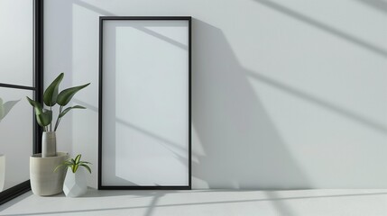 thin black bezel frame mockup, 16:9 frame on an empty white wall