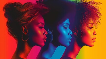 Woman history month design, silhouettes of four women of various races, minimalist, Vibrant color and cool pattern