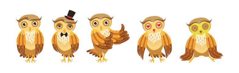Funny Owl Character with Feathers and Wing in Different Activity Vector Set