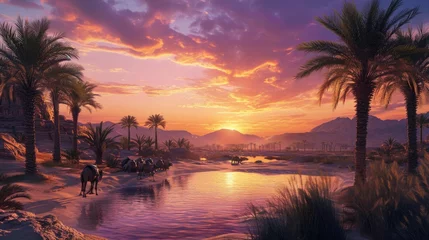 Deurstickers A tranquil oasis scene at sunset with silhouettes of camels and towering palm trees reflected in water. Resplendent. © Summit Art Creations