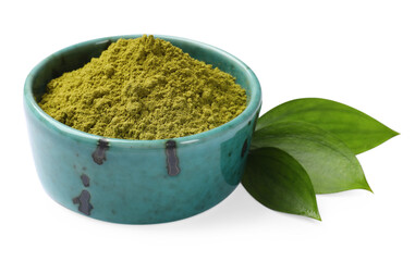 Henna powder in bowl and green leaves isolated on white