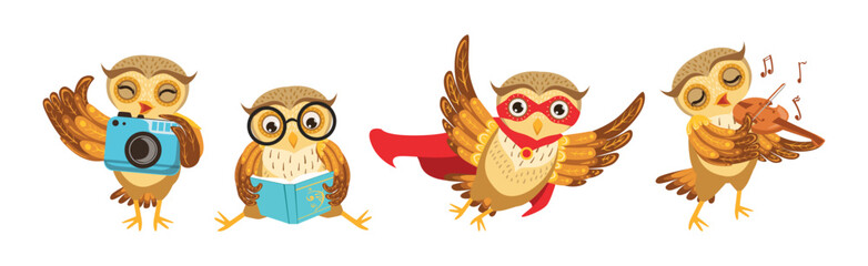 Funny Owl Character with Feathers and Wing in Different Activity Vector Set