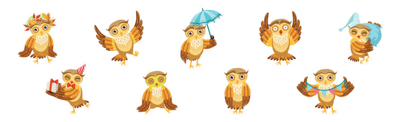 Funny Owl Character with Feathers and Wing in Different Activity Vector Set