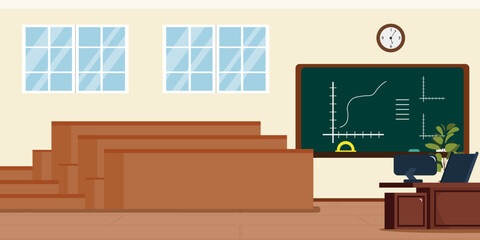 Vector illustration of the interior of the study hall. Cartoon scene of a student auditorium with tables, a blackboard, chalk, a protractor, a vase, a teaching desk,a chair,a computer,a clock,windows.