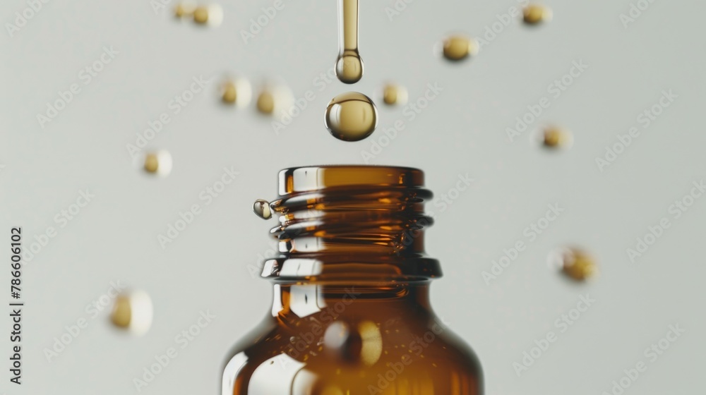 Poster A drop of liquid being transferred from one bottle to another. Ideal for illustrating fluid transfer concepts