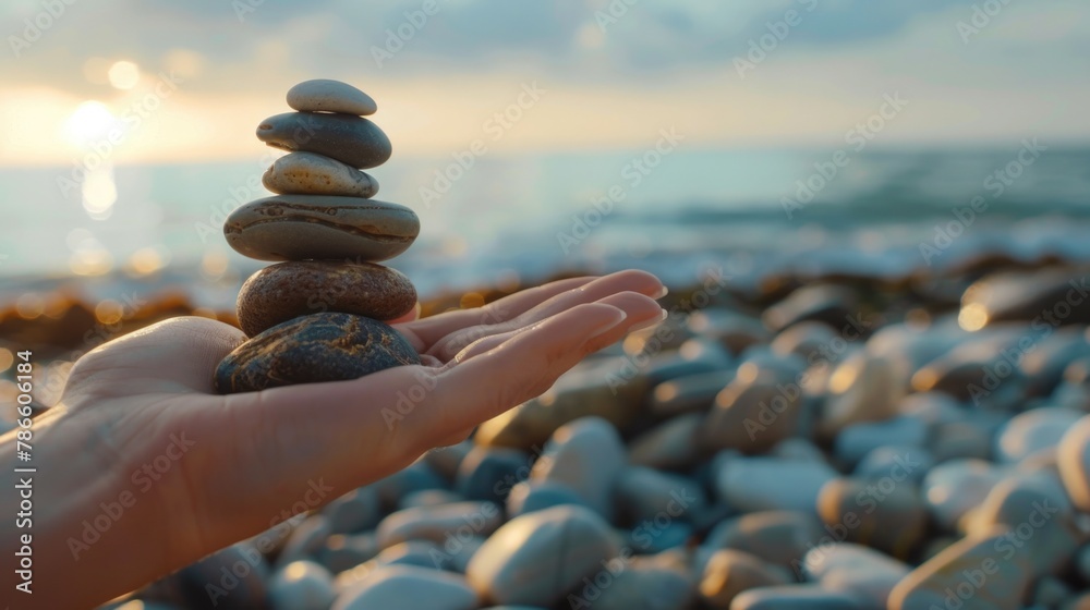 Poster a person holding a stack of rocks on the beach. great for nature or mindfulness concepts