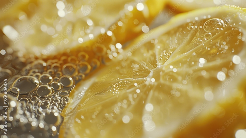 Poster a detailed close-up shot of a fresh slice of lemon. perfect for food and beverage concepts